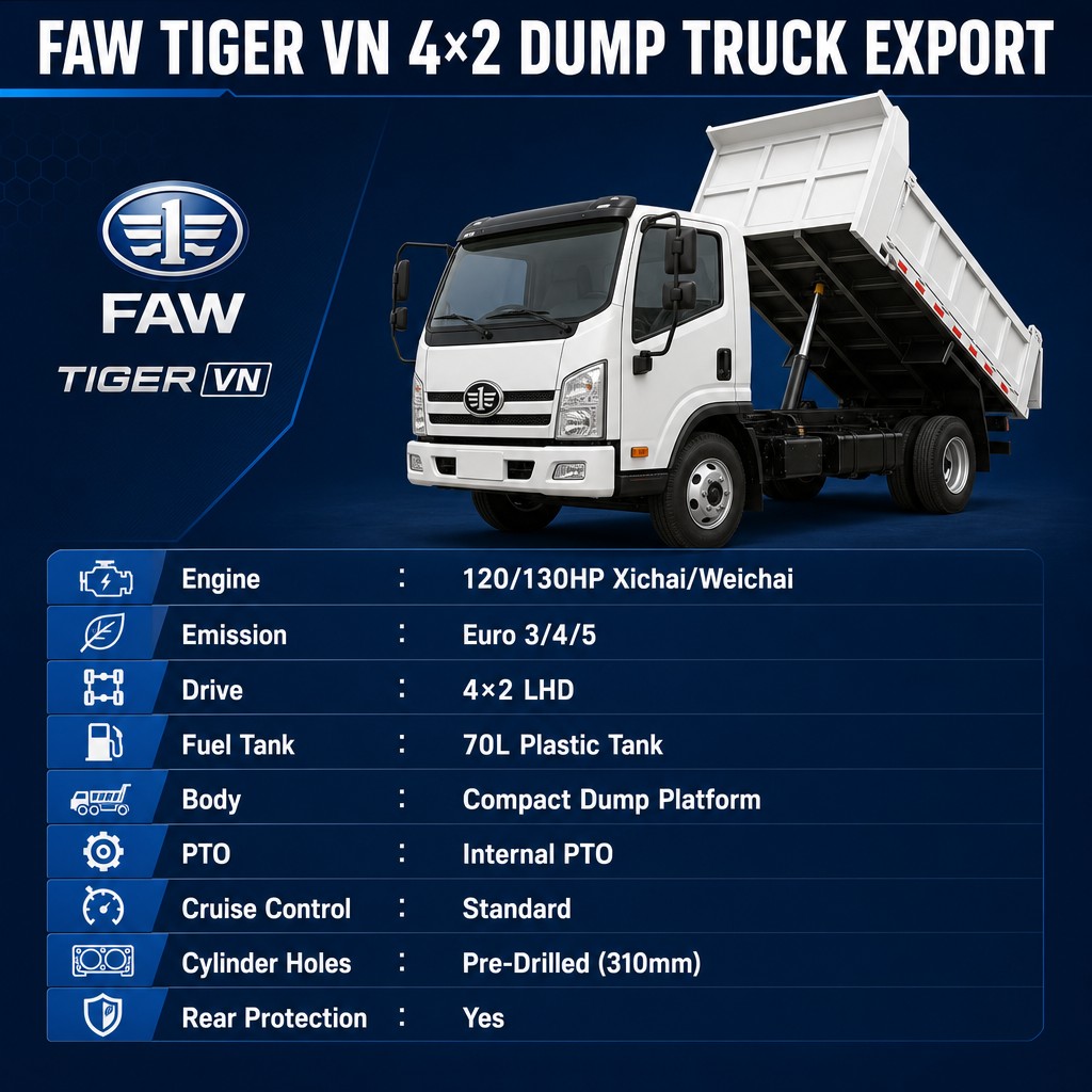 FAW Tiger VN 4×2 Compact Dump Truck 120/130HP Euro 3/4/5 LHD Internal PTO Cruise Control Frame Reinforced Export