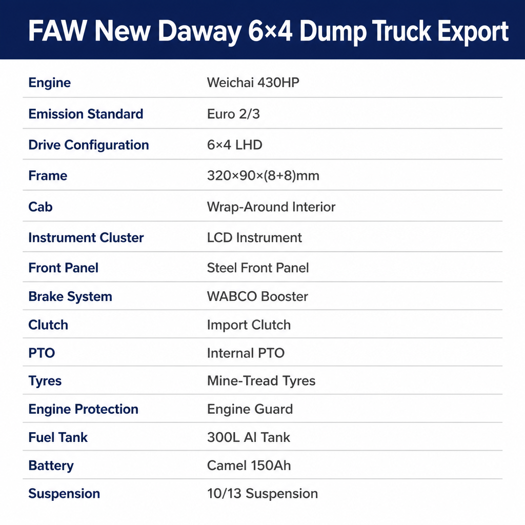 FAW New Daway 6×4 Heavy Dump Truck 430HP Euro 2/3 LHD Wrap-Around Cab LCD Instrument PTO WABCO Bluetooth Export
