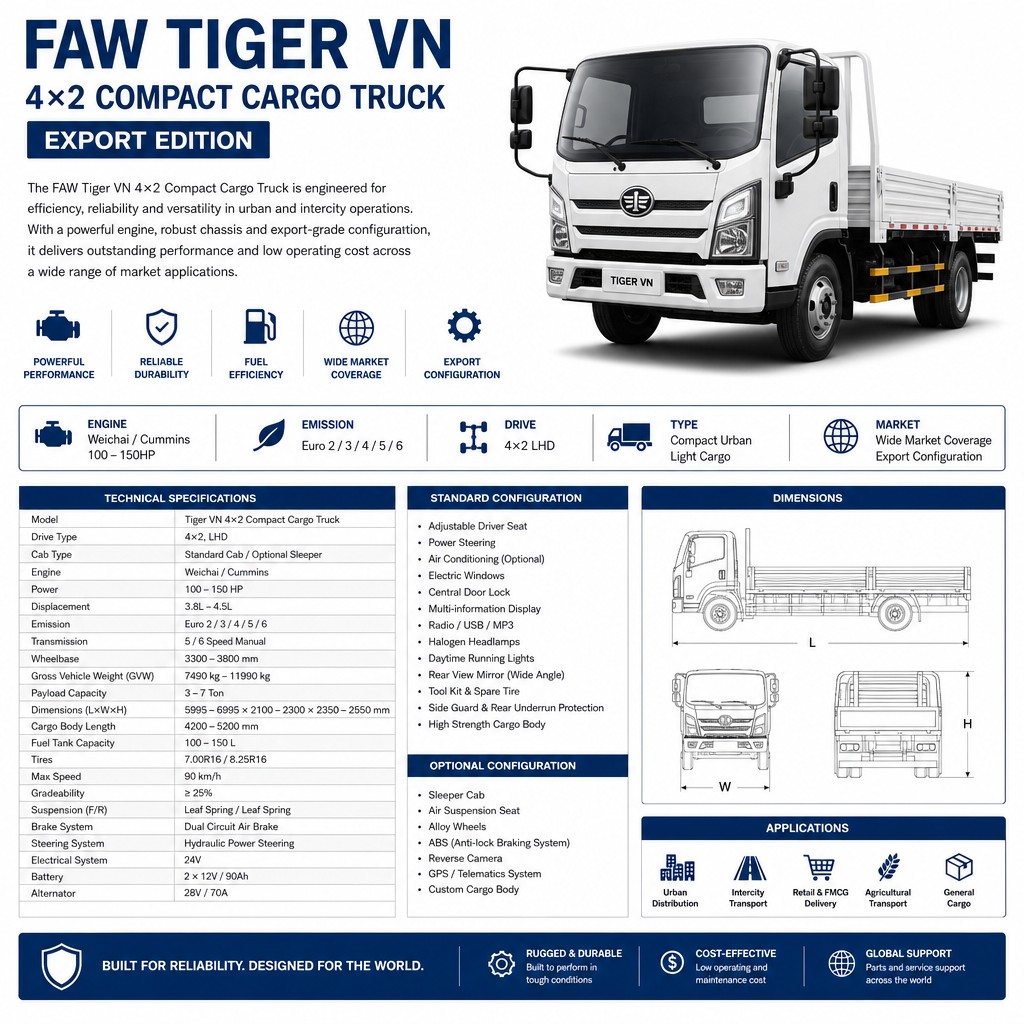 FAW Tiger VN 4×2 Compact Light Cargo Truck 100–150HP Euro 2~6 LHD Urban Delivery Export