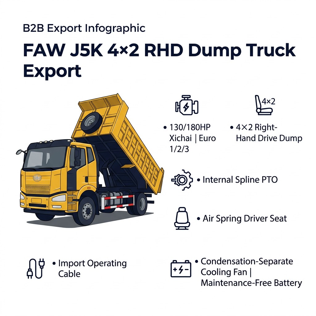 FAW J5K 4×2 Dump Truck 130/180HP Euro 1/2/3 Right-Hand Drive Internal PTO Air Spring Seat Export