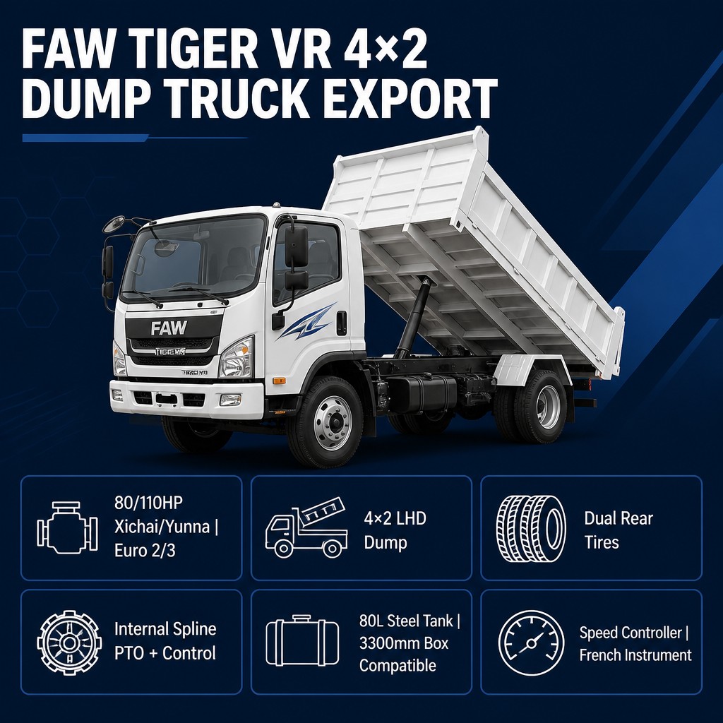 FAW Tiger VR 4×2 Dump Truck 80/110HP Euro 2/3 LHD Dual Rear Tires PTO Speed Controller French Instrument Export