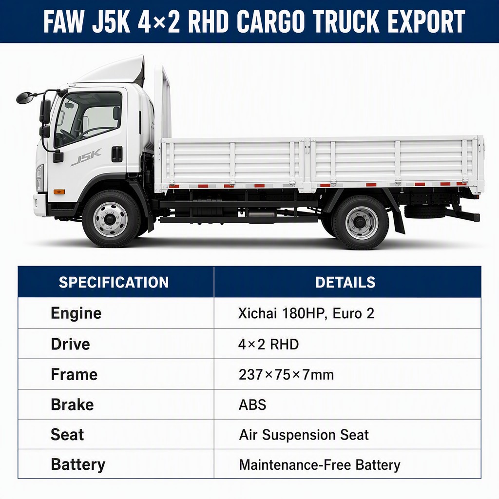 FAW J5K 4×2 Medium Cargo Truck 180HP Euro 2 Right-Hand Drive ABS Air Suspension Seat Export