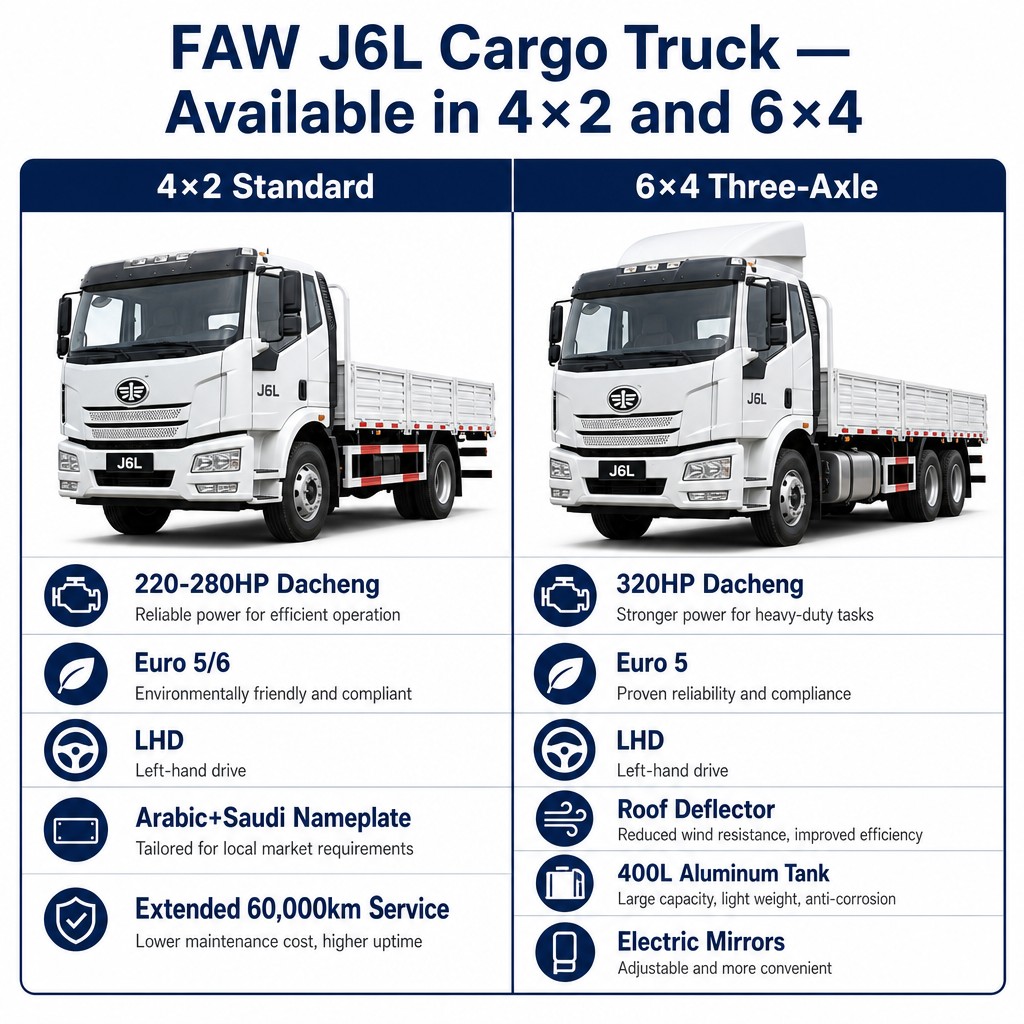 FAW J6L Cargo Truck 220–320HP Euro 5/6 Available in 4×2 and 6×4 Three-Axle LHD Export Heavy-Duty Truck