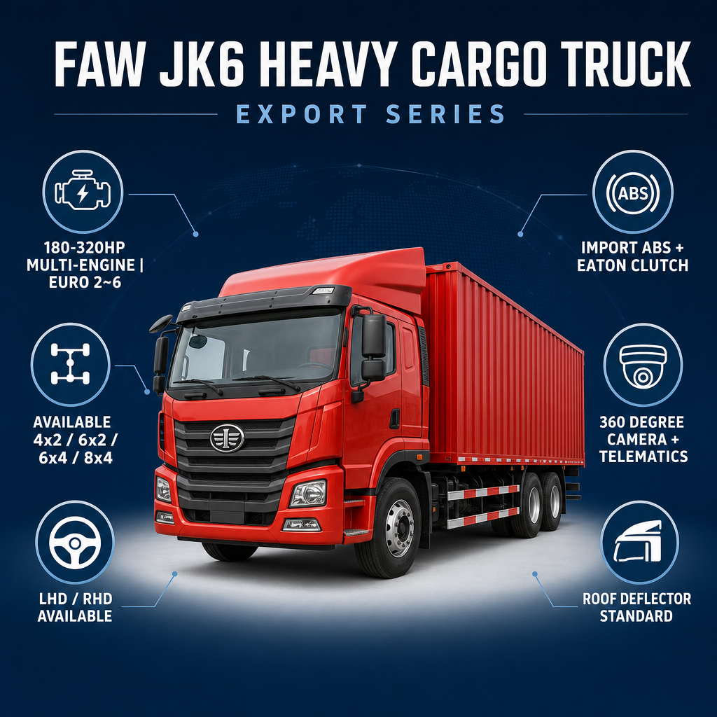 FAW JK6 Heavy Cargo Truck 180–320HP Euro 2~6 Available in 4×2 / 6×2 / 6×4 / 8×4 LHD/RHD Import ABS 360° Camera Export
