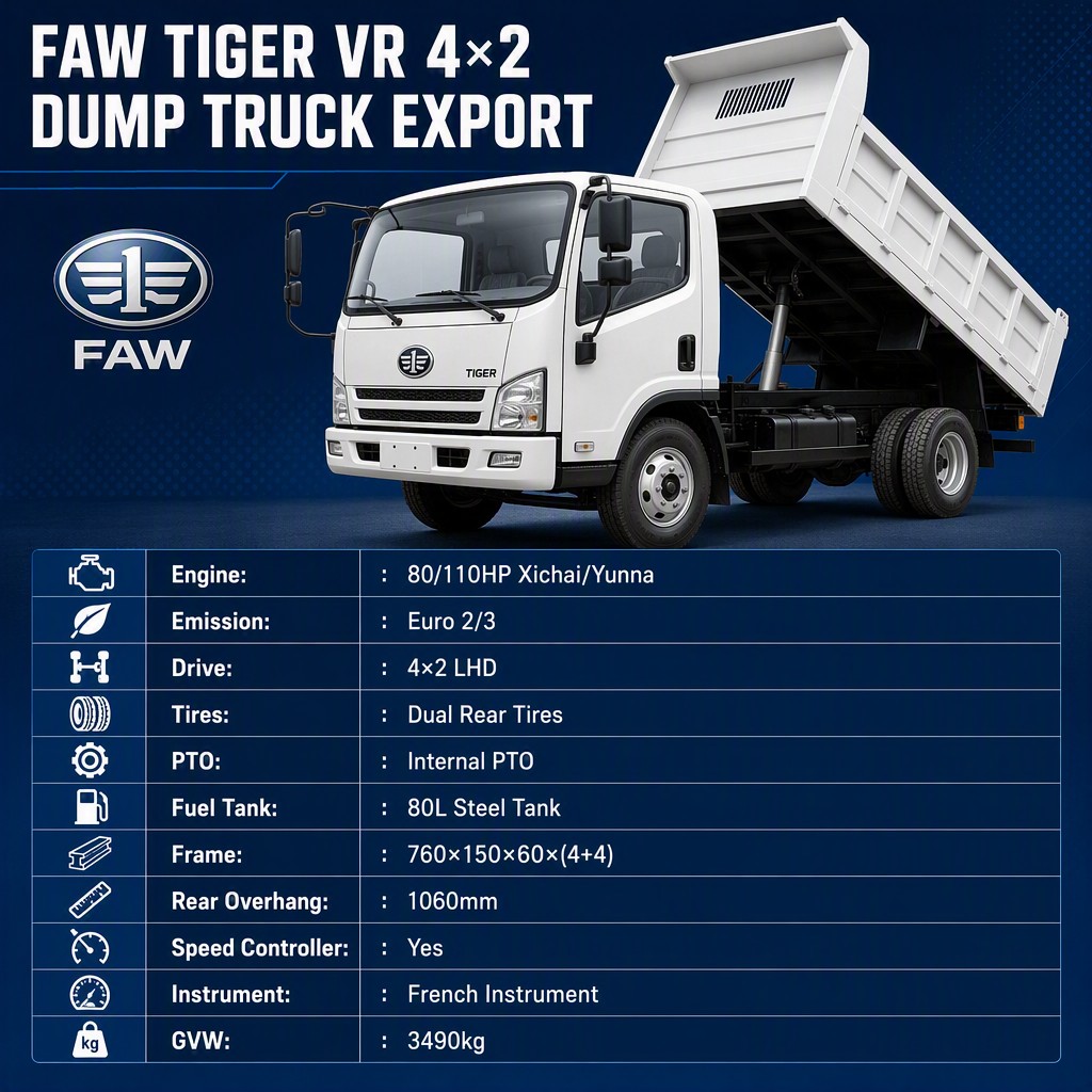 FAW Tiger VR 4×2 Dump Truck 80/110HP Euro 2/3 LHD Dual Rear Tires PTO Speed Controller French Instrument Export