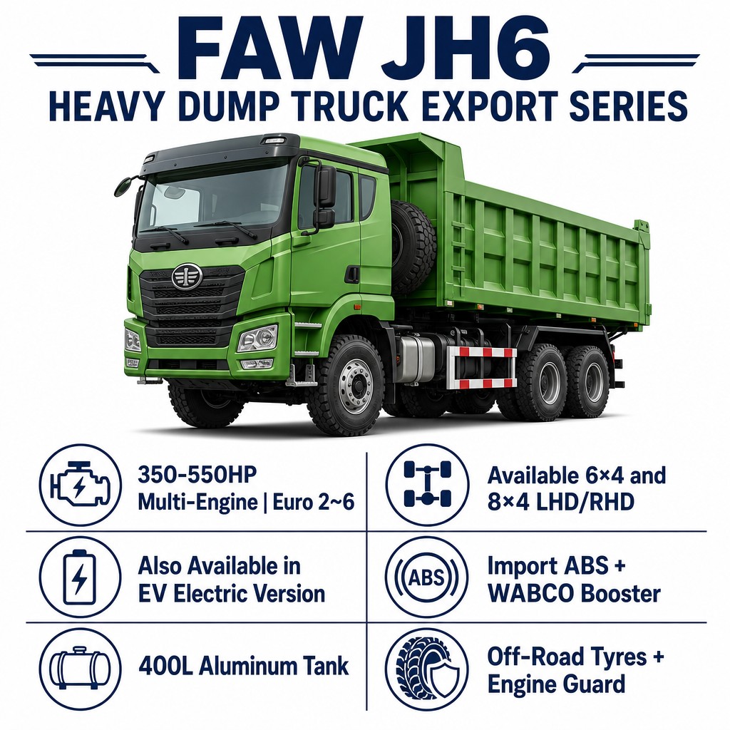 FAW JH6 Heavy Dump Truck 350–550HP Euro 2~6 Available in 6×4 and 8×4 Including EV Electric Versions LHD/RHD Export