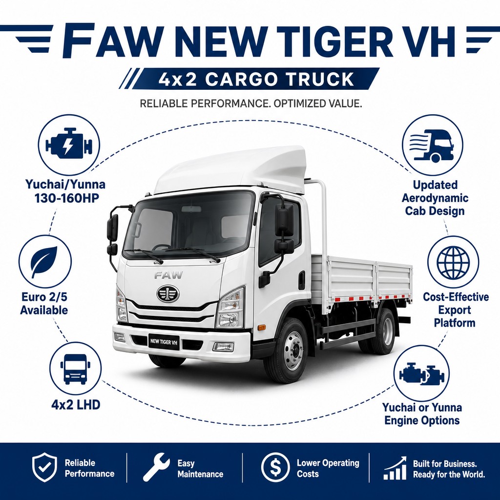 FAW New Tiger VH 4×2 Light Cargo Truck 130–160HP Euro 2/5 LHD Updated Aerodynamic Cab Cost-Effective Export