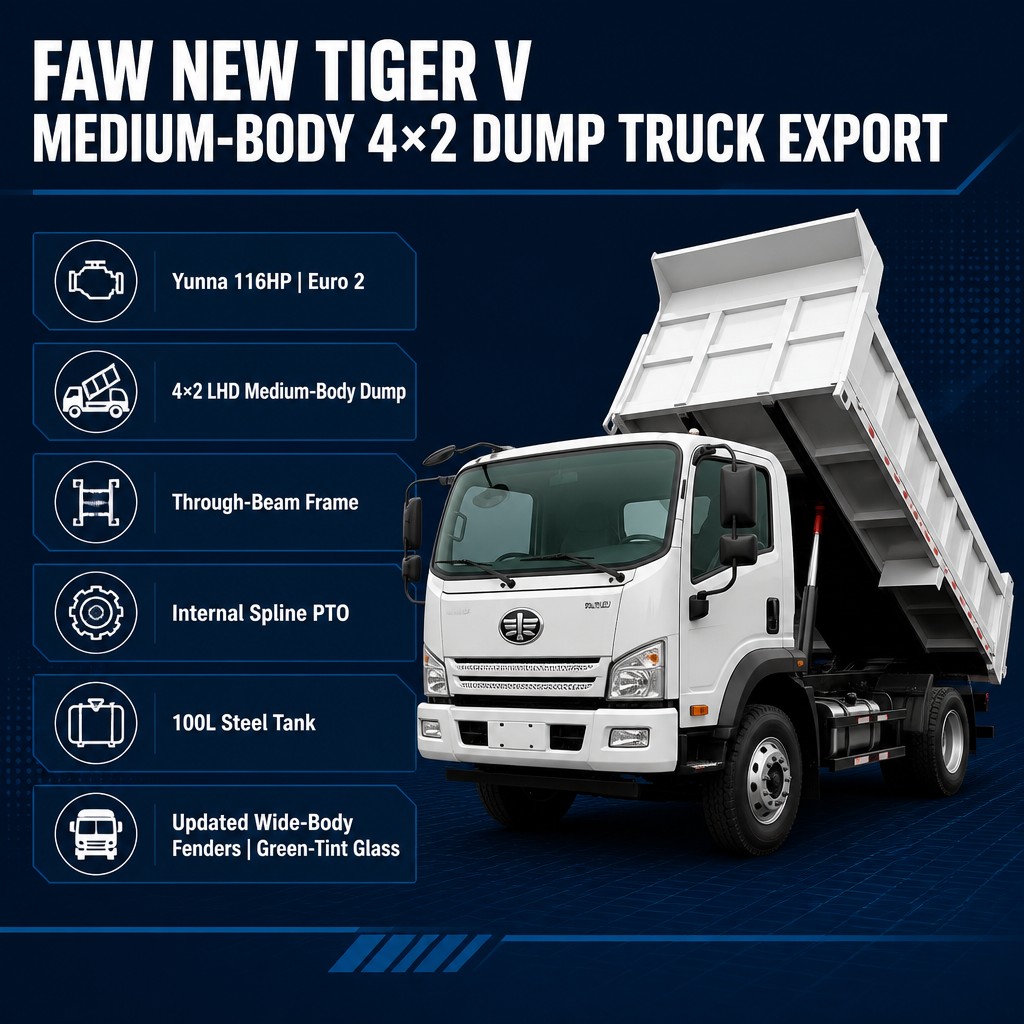 FAW New Tiger V Medium-Body 4×2 Dump Truck 116HP Euro 2 LHD Through-Beam Frame PTO Green-Tint Glass Updated Fenders Export