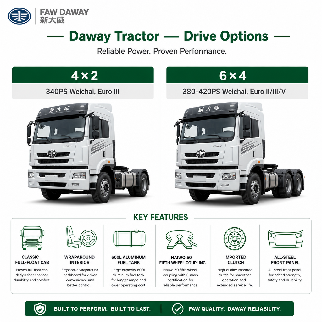 FAW Daway Tractor Truck | 4×2 & 6×4 | 340-420PS Weichai | Euro II/III/V | Classic Export