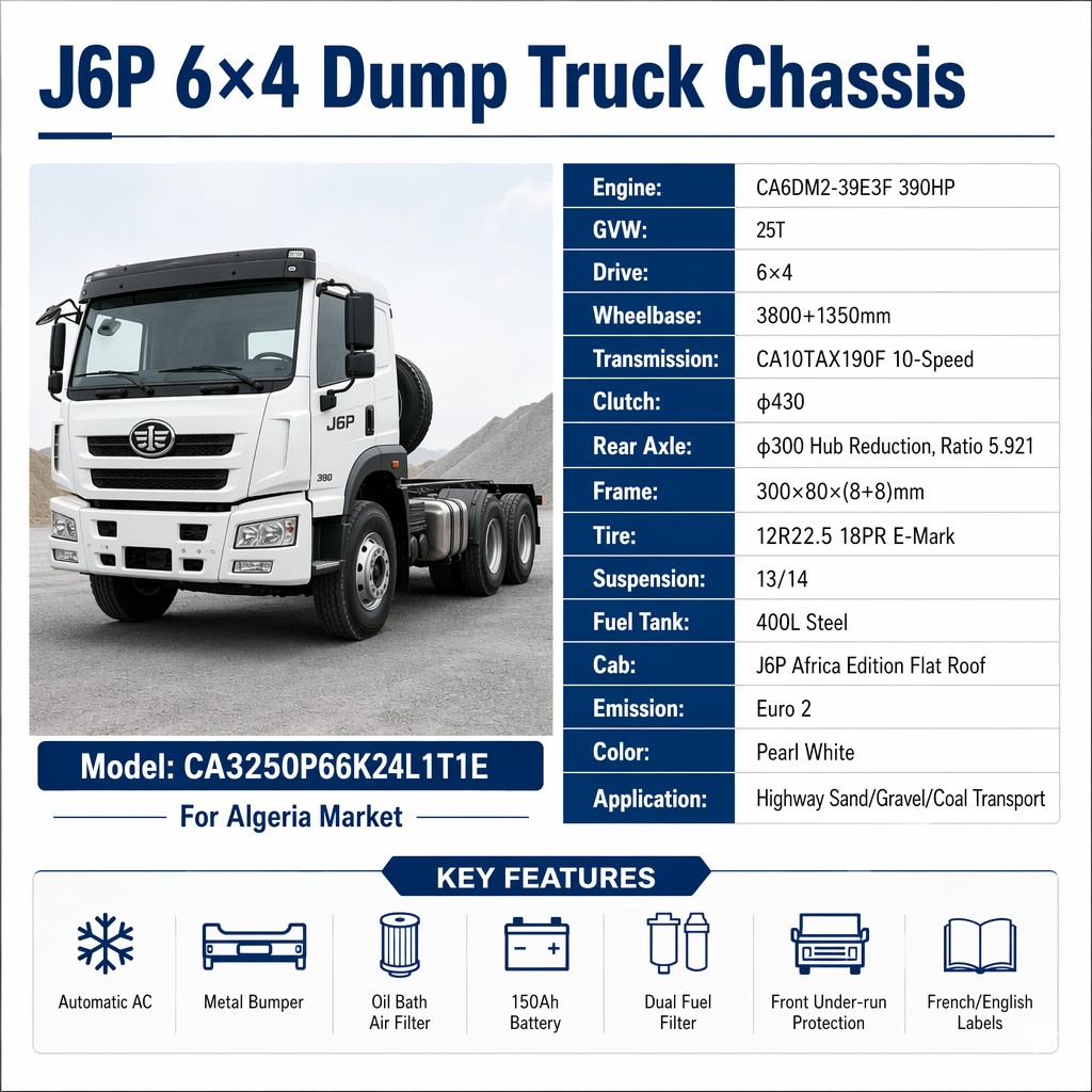 FAW J6P 6×4 Dump Truck Chassis 390HP Euro 2 Heavy-Duty Mining and Gravel Transport Vehicle
