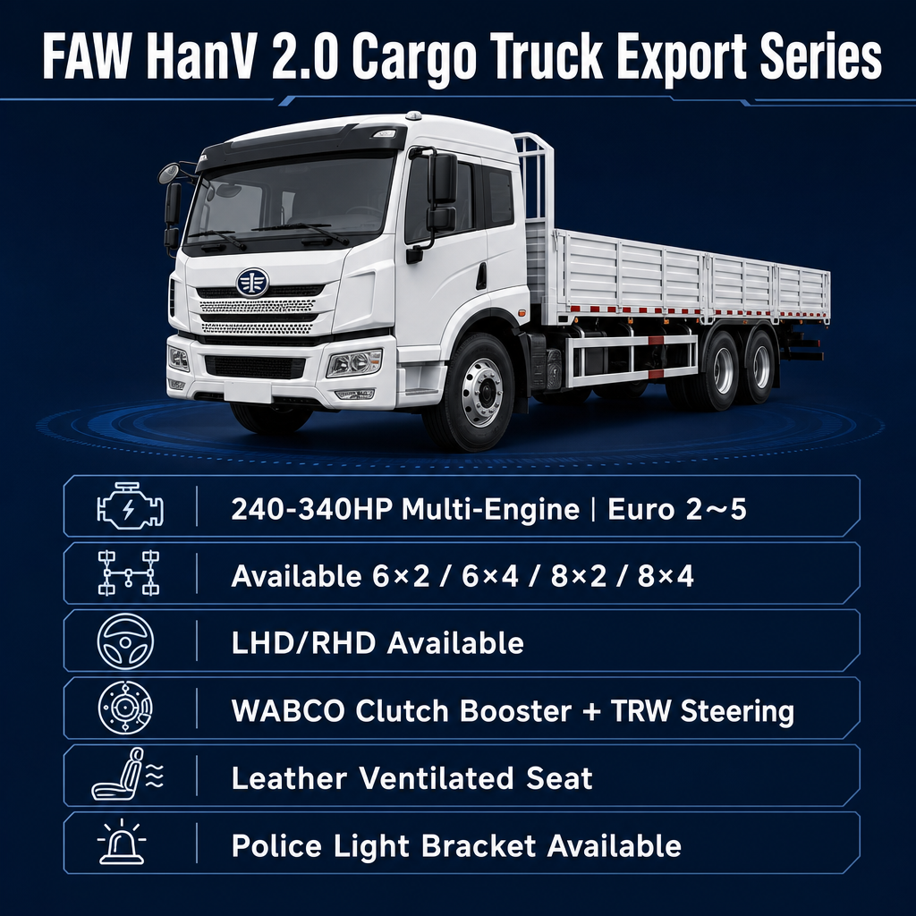 FAW HanV 2.0 Cargo Truck 240–340HP Euro 2~5 Available in 6×2 / 6×4 / 8×2 / 8×4 WABCO TRW Leather Seat Export