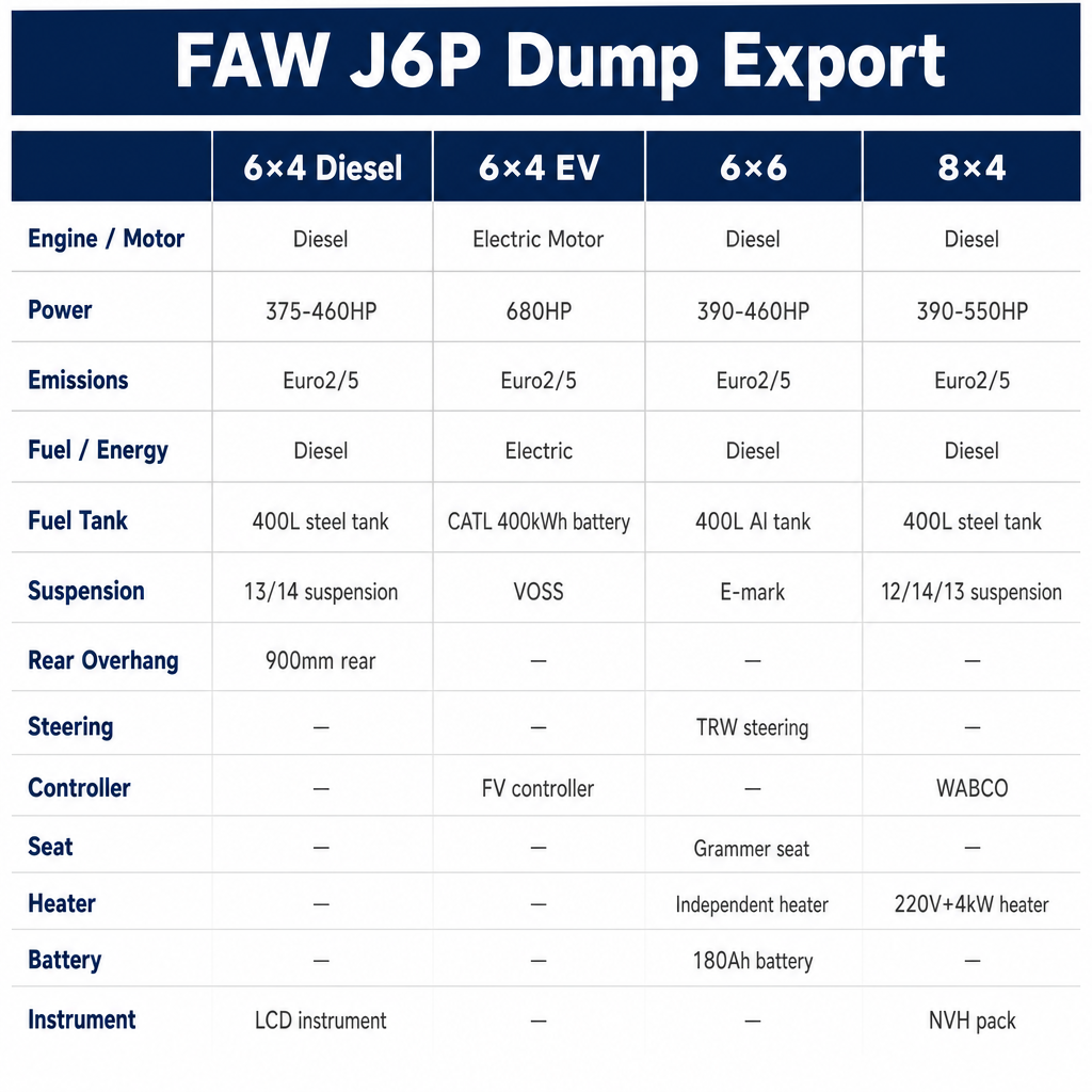 FAW J6P Heavy Dump Truck 375–550HP Also Available in EV Electric Version Multiple Drive Configs Export
