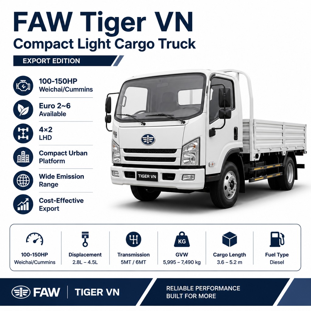 FAW Tiger VN 4×2 Compact Light Cargo Truck 100–150HP Euro 2~6 LHD Urban Delivery Export
