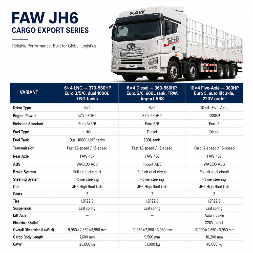 FAW JH6 Heavy Cargo Truck 360–560HP Euro 3~6 Available in 6×4 LNG / 8×4 Diesel / 10×4 Five-Axle LHD Export