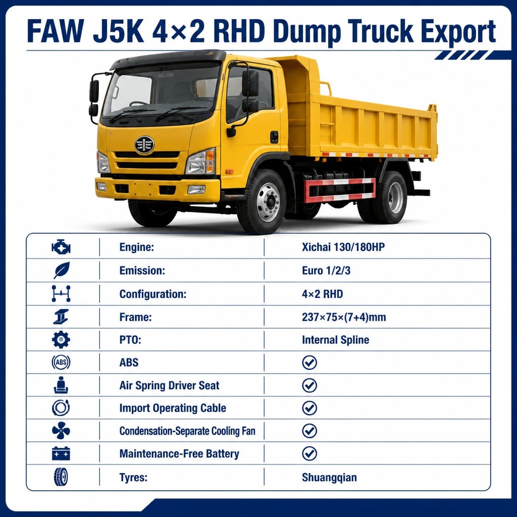 FAW J5K 4×2 Dump Truck 130/180HP Euro 1/2/3 Right-Hand Drive Internal PTO Air Spring Seat Export