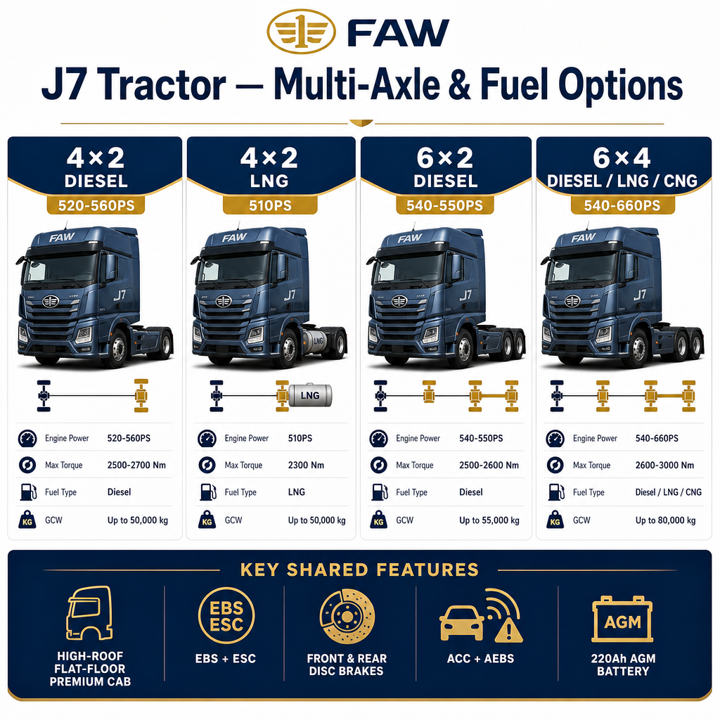 FAW J7 Tractor Truck | 4×2 / 6×2 / 6×4 | 520-660PS | Diesel / LNG / CNG | Euro V/VI