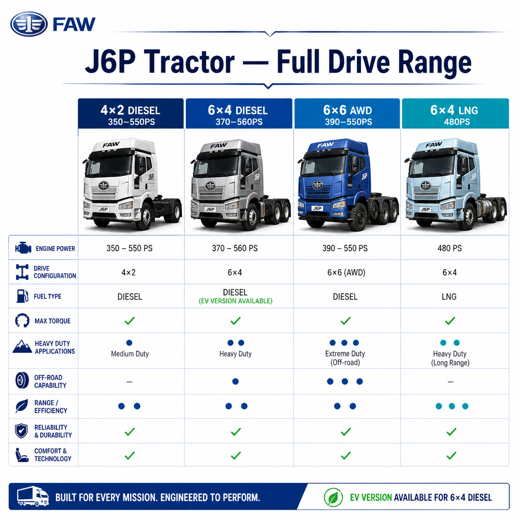 FAW J6P Tractor Truck | 4×2 / 6×4 / 6×6 / LNG / EV | 350-560PS | Multi-Fuel Export