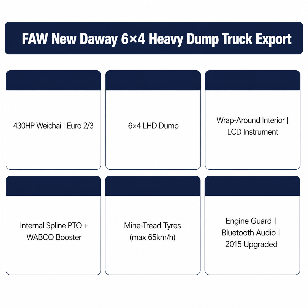 FAW New Daway 6×4 Heavy Dump Truck 430HP Euro 2/3 LHD Wrap-Around Cab LCD Instrument PTO WABCO Bluetooth Export