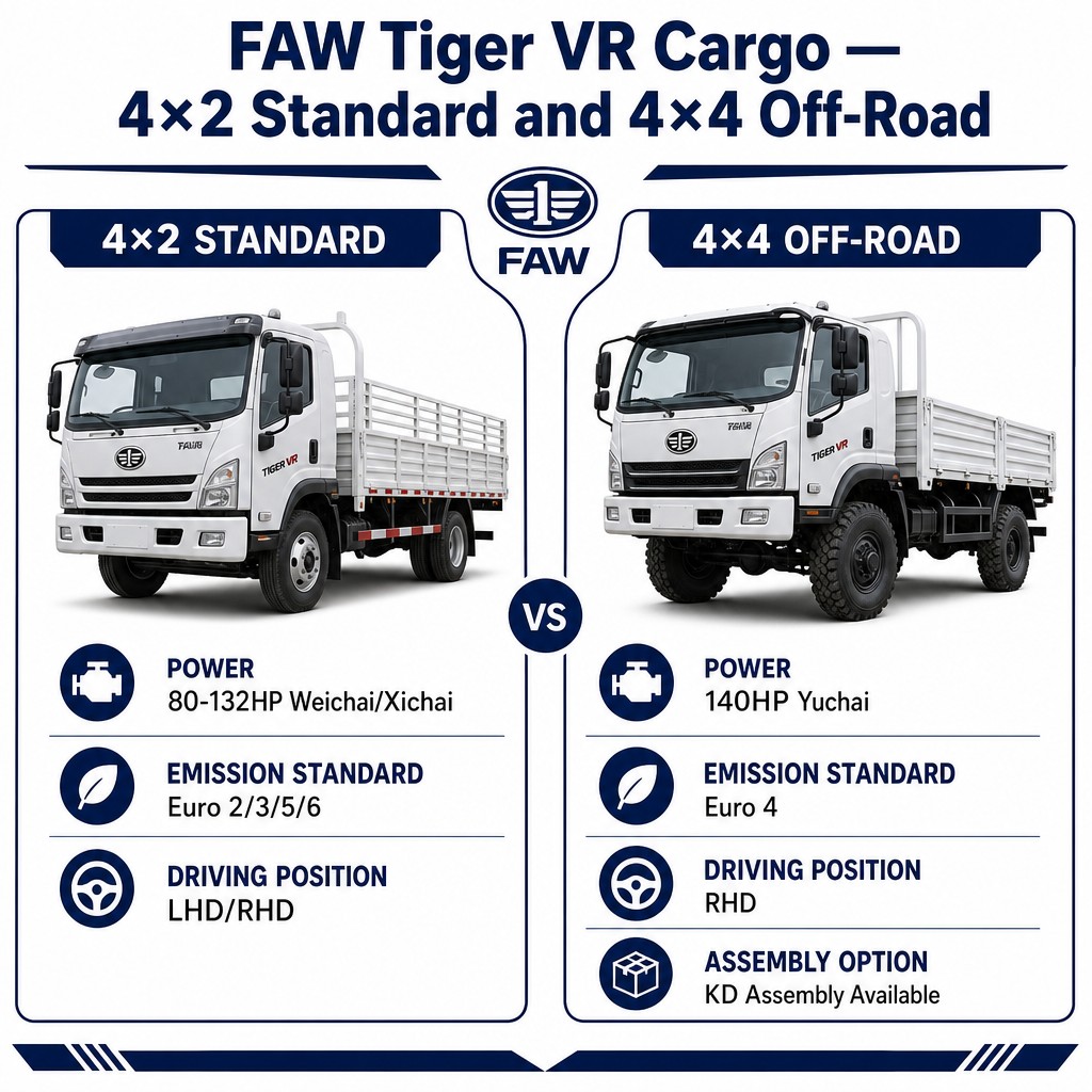 FAW Tiger VR Cargo Truck 80–140HP Euro 2~6 Available in 4×2 LHD/RHD and 4×4 RHD KD Assembly Export