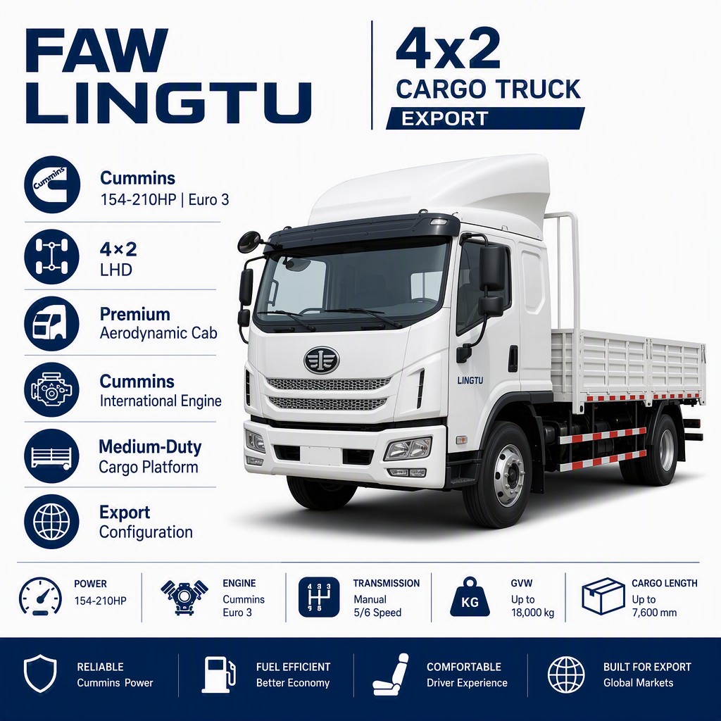 FAW LingTu 4×2 Medium Cargo Truck 154–210HP Euro 3 LHD Cummins Engine Premium Aerodynamic Cab Export