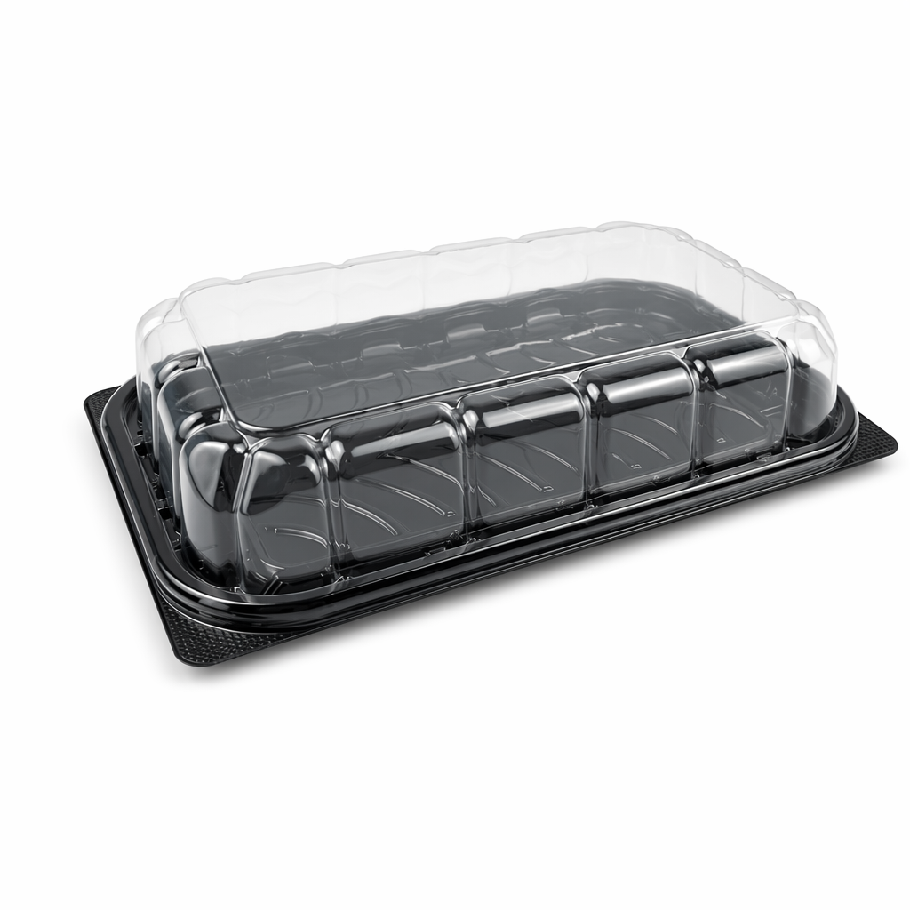 Rectangular Deep PET Cake Box with Clear Dome Lid & Black Wavy-Textured Base | 302×203×64mm | Long Cakes · Multi-Slice Trays · Dessert Platters | QL-GD-10T/B
