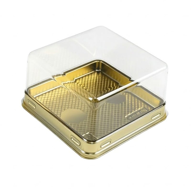 Clear PET Lid + Gold PET Base Two-Piece Cake Box | 114×114×60mm | Individual Dessert Packaging | GHW-061T/B