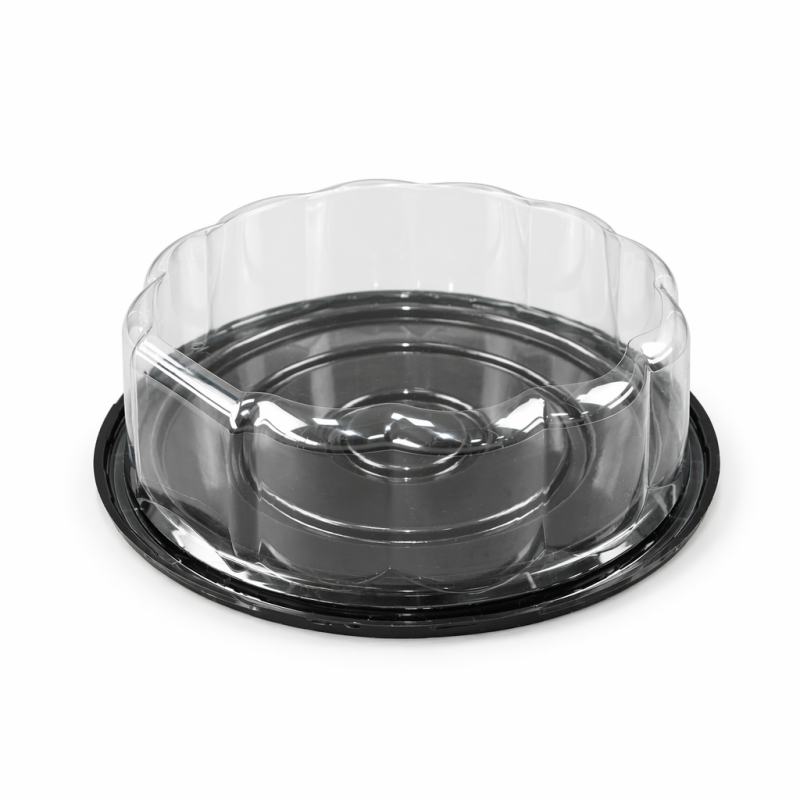 Round PET Whole-Cake Container with Scalloped Clear Dome Lid & Black Base | 6