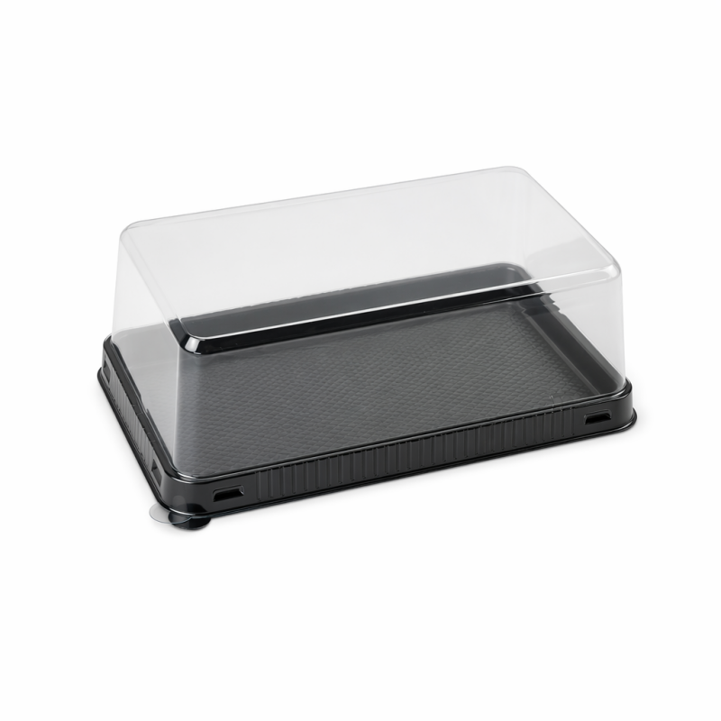 Rectangular PET Cake Container with Deep Clear Dome Lid & Textured Black Base | 247×147×90mm | Long Cakes | GHW-GD-250T/B