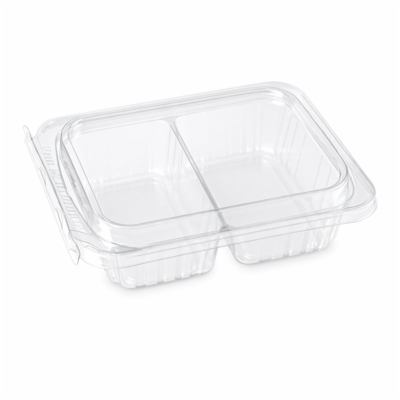 Dual-Compartment Clear PET Tamper-Evident Bento Container | 186×153×49mm 2-Cavity Split | GHW-002