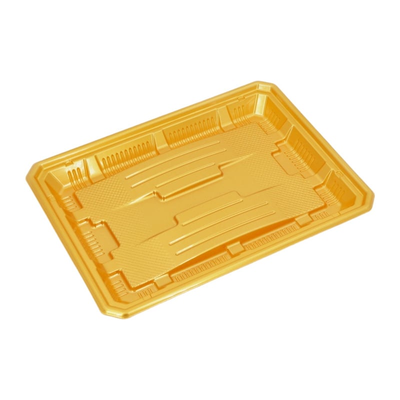 Golden PE-Laminated Meat & Seafood Trays with Anti-Fog Lids | 5 Sizes 26mm Shallow · Diamond Blood-Drain Base | XL-Series