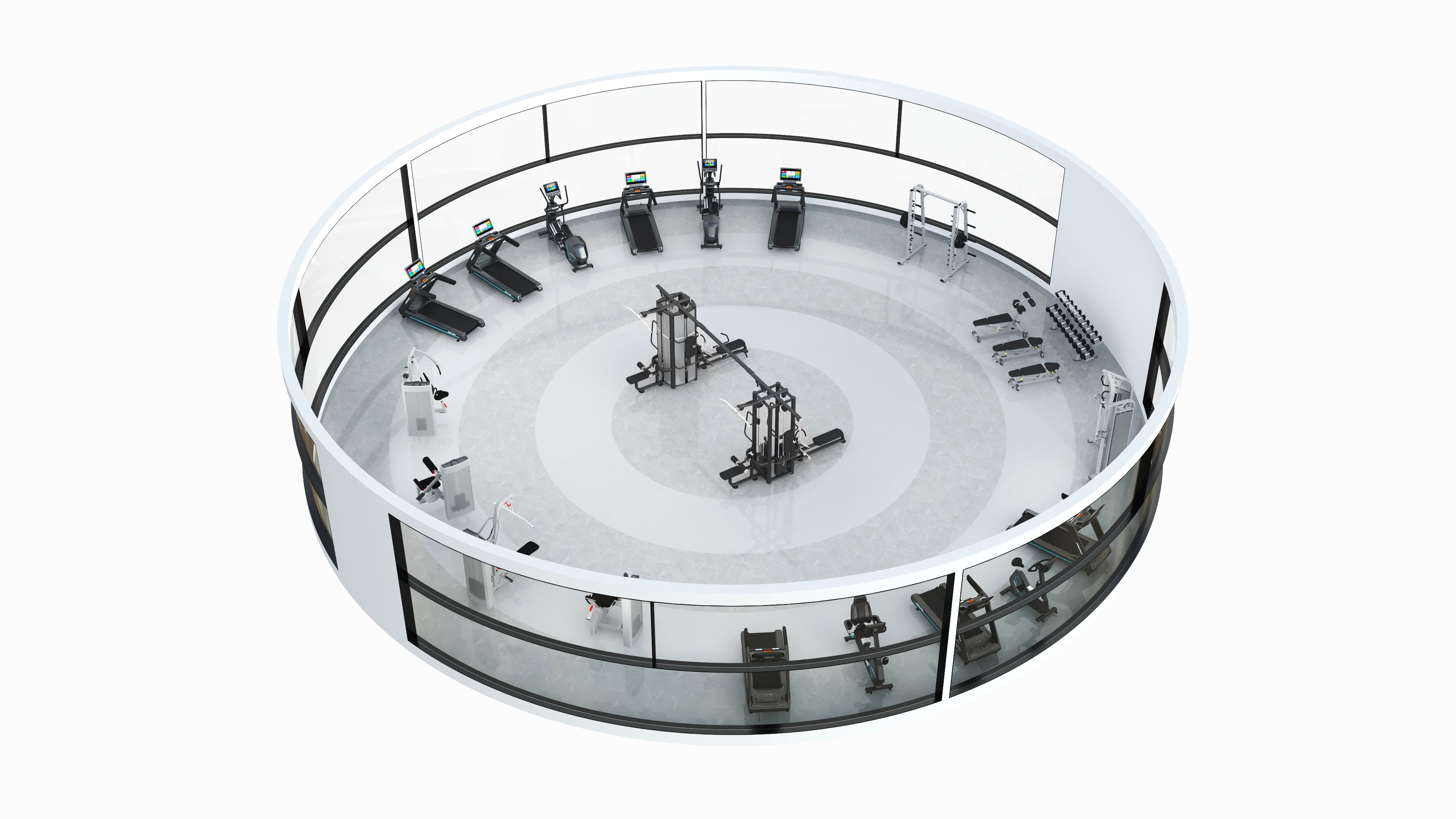 Circular gym layout with 8 station functional trainer in residential fitness center