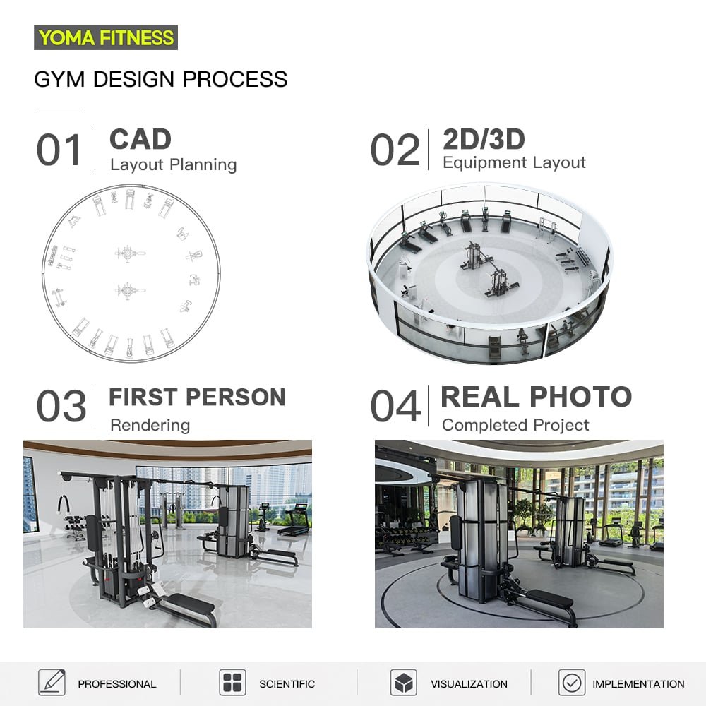 Residential gym design process from CAD layout to 3D rendering and real project