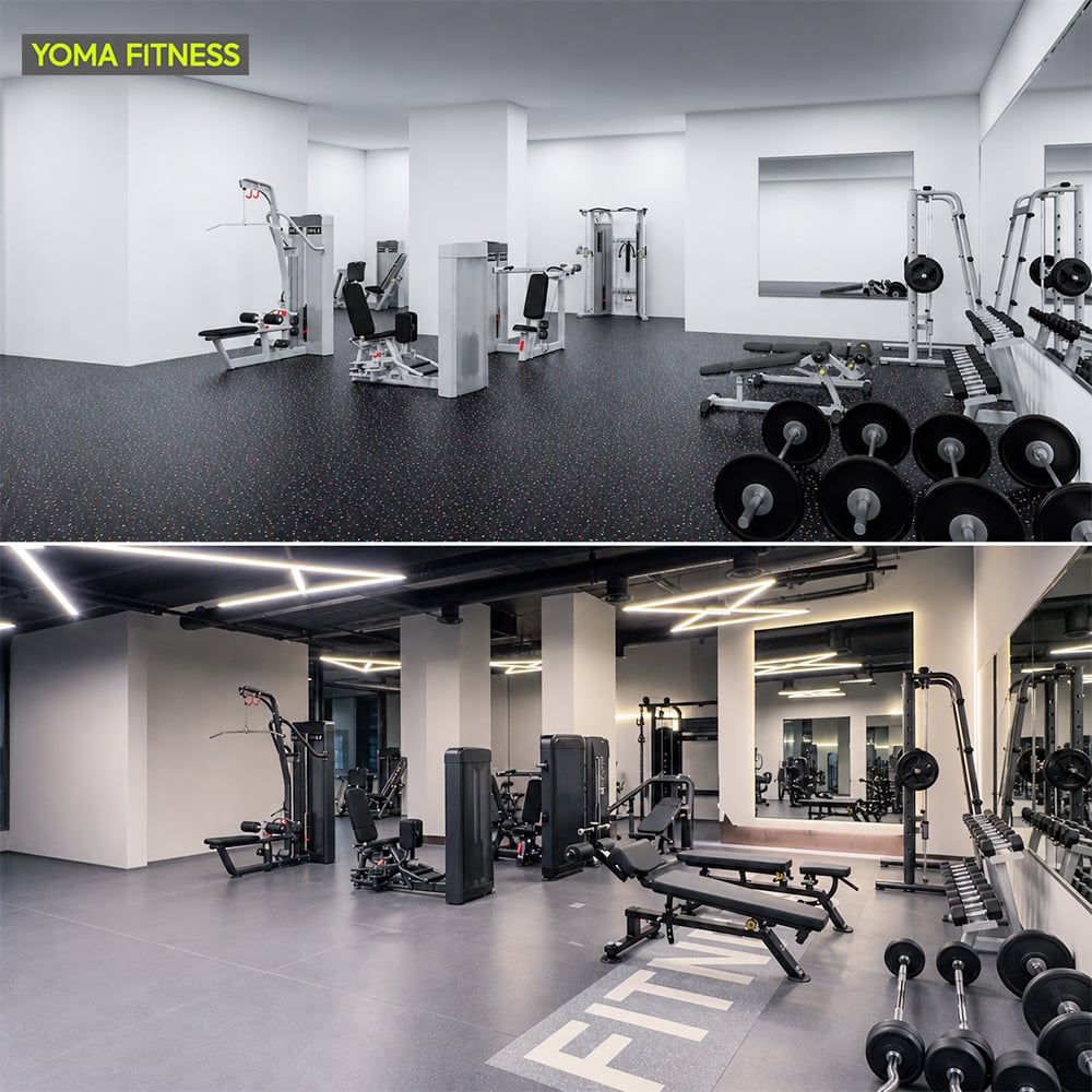 Luxury residential gym 3D rendering vs real photo