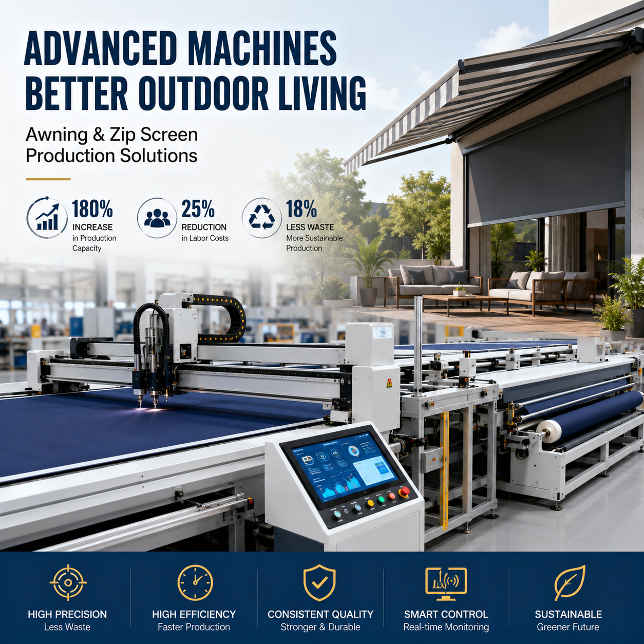 How Advanced Awning and Zip Screen Production Machines Are Transforming Outdoor Shading Manufacturing