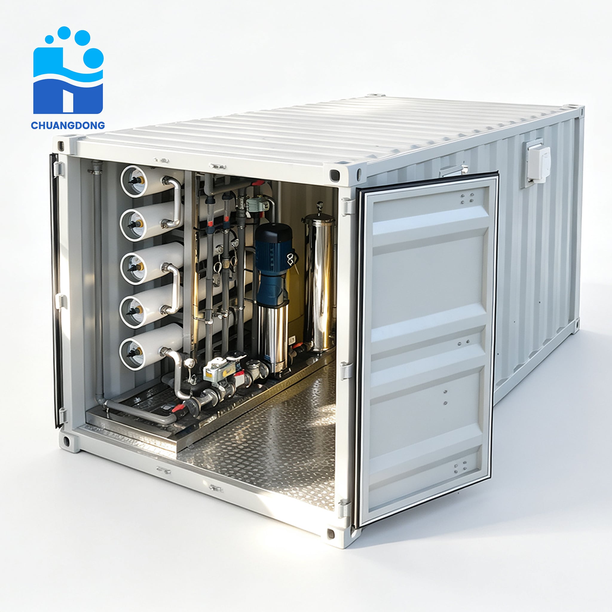 Nhà máy thẩm thấu ngược tích hợp trong container – Thiết bị xử lý nước di động, hệ thống làm sạch nước giếng với công suất 18 tấn/giờ, nhà máy khử mặn nước biển