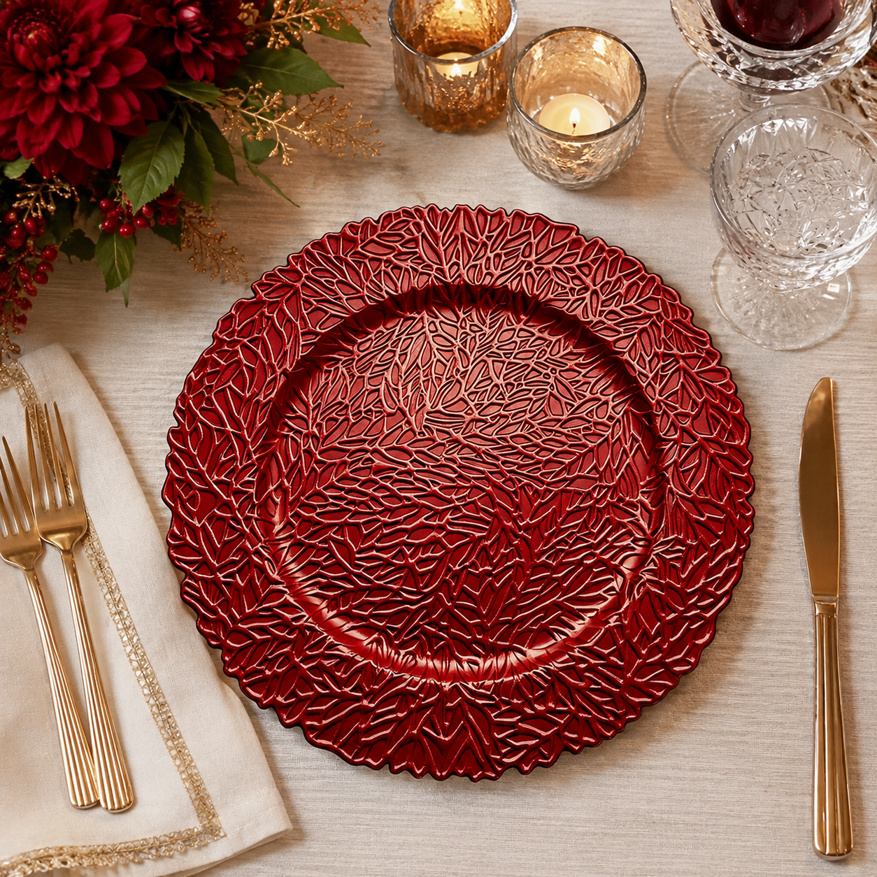 woju 13inch metallic red pp plastic charger plates round decorative underplates with fullsurface embossed leafvine texture  scalloped edge for wedding banquet hotel table setting-3