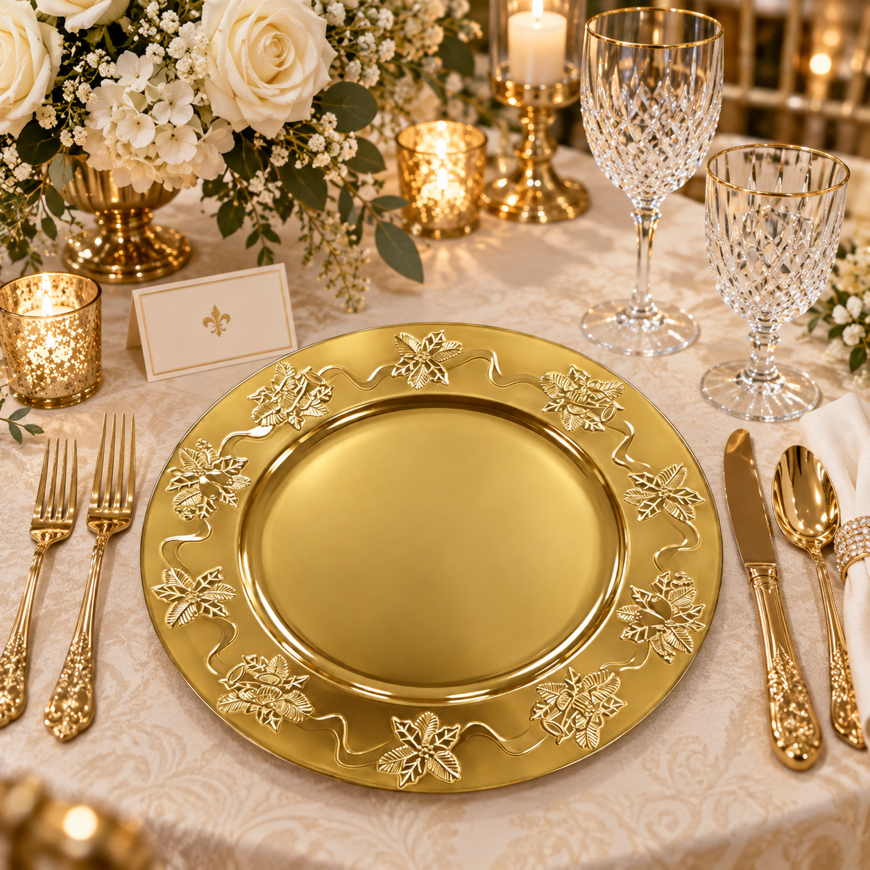 13in plastic charger plate powder coated luxury embossed floral rim elegant green table decor for wedding reception-2