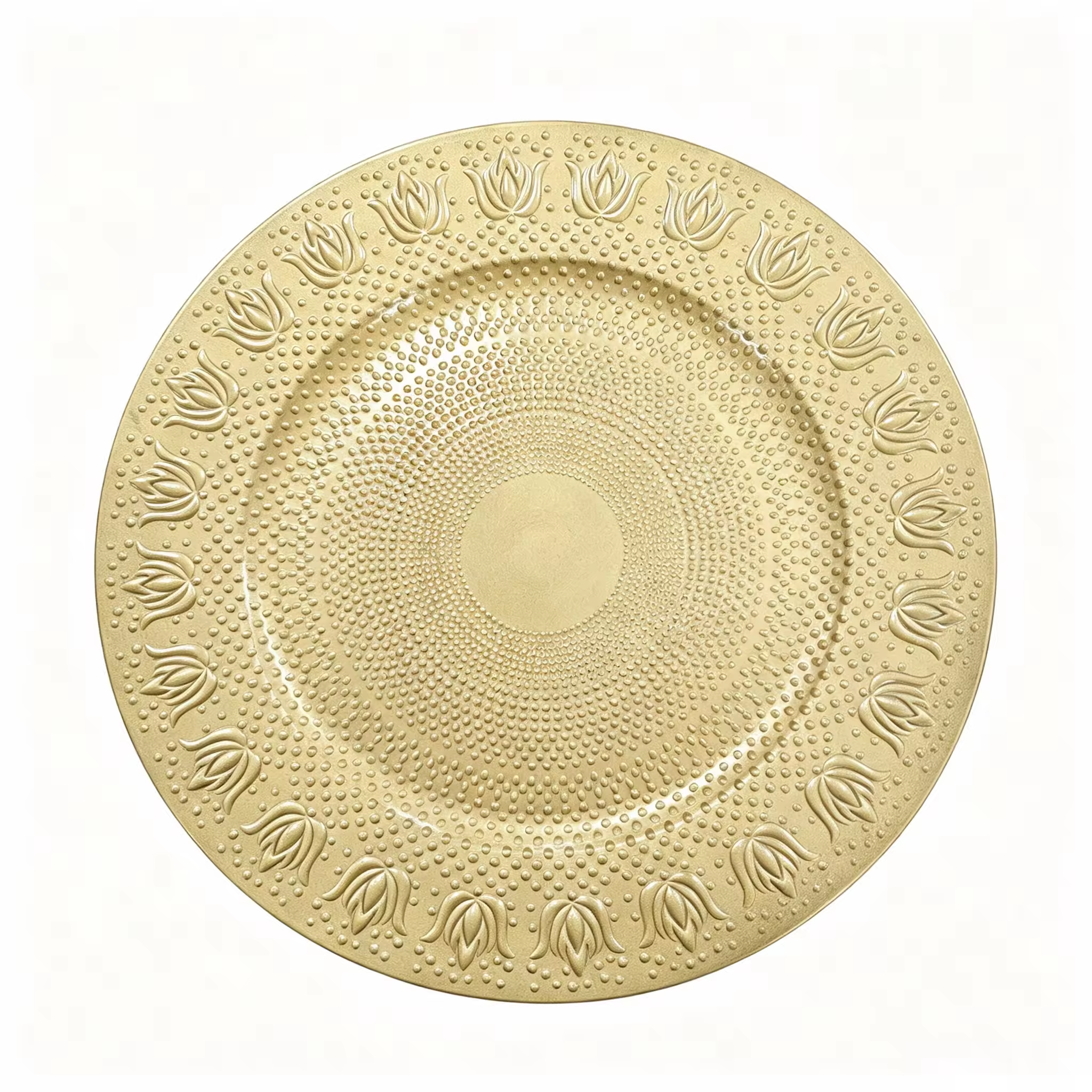 Elegant Gold Plastic Wedding Charger Plates Luxury Customized Engraved Pattern Design Durable PP Material Party Table Decoration