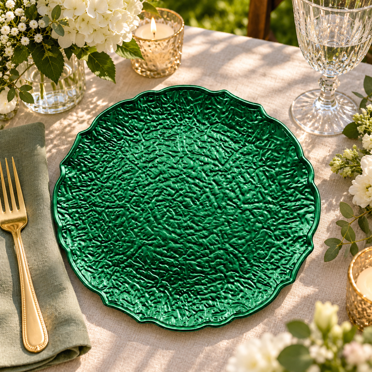 woju 13 inch wavy scalloped plastic charger plates hammered textured metallic decorative service plates for wedding banquet  event table decor multiple colors available-3