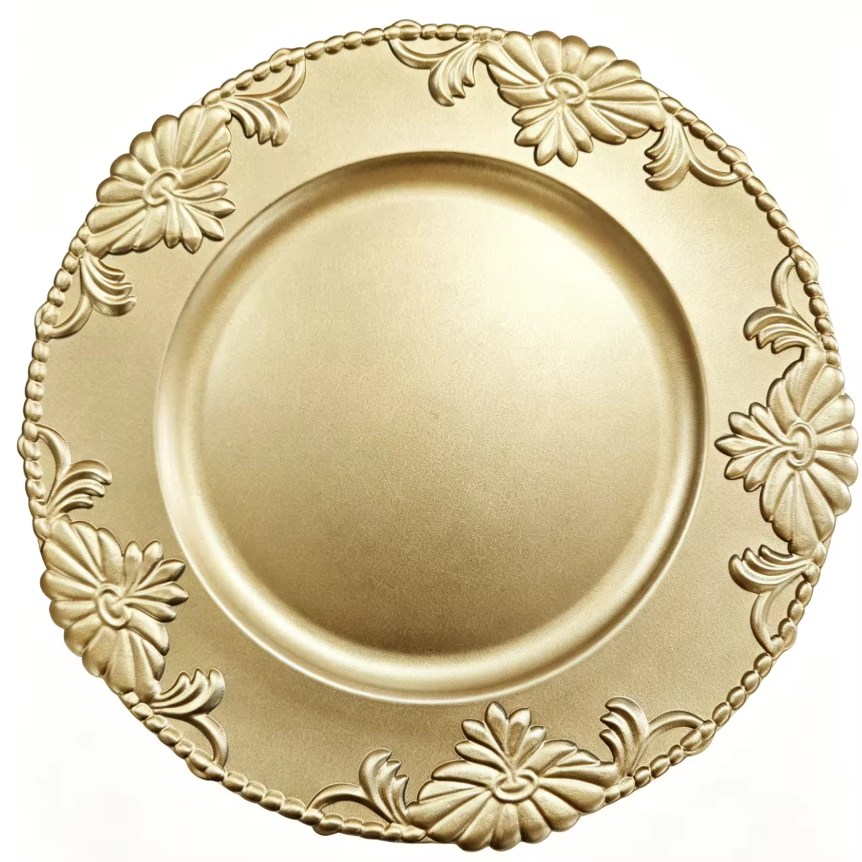 Woju 13‑Inch Matte Metallic Gold PP Plastic Charger Plates, Round Decorative Underplates with Vintage Embossed Floral Scroll Rim for Wedding Banquet Hotel Table Setting