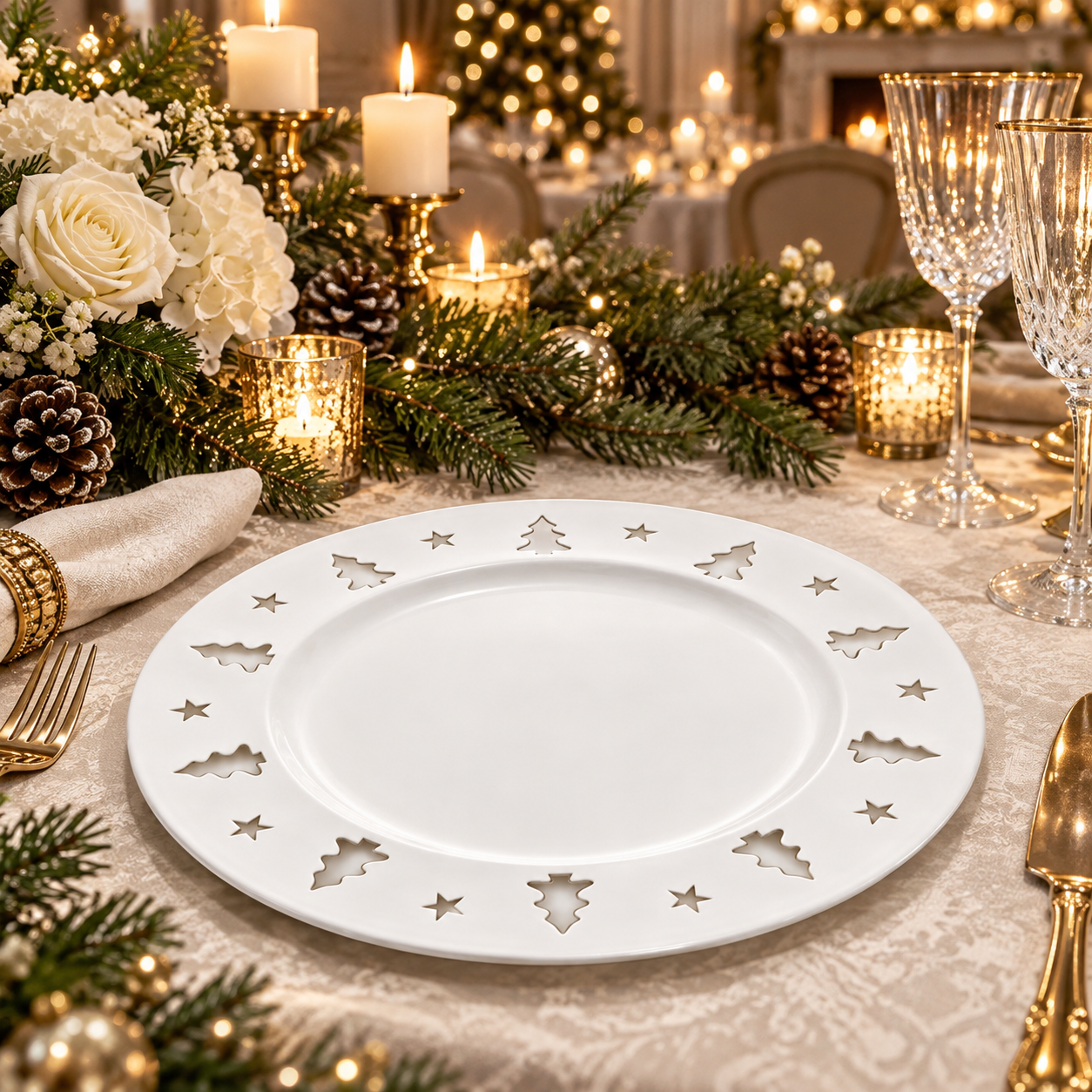 woju 13inch round glossy gold charger plates cutout christmastreestar rim pp plastic decor underplates for catering banquet christmas event rental-2