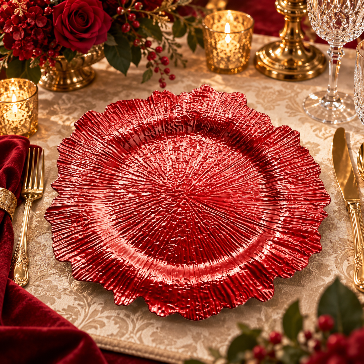 woju 13 inch rose gold plastic charger plates powdercoated radiant textured charger plates with wavy petal edge for wedding banquet event table setting-3