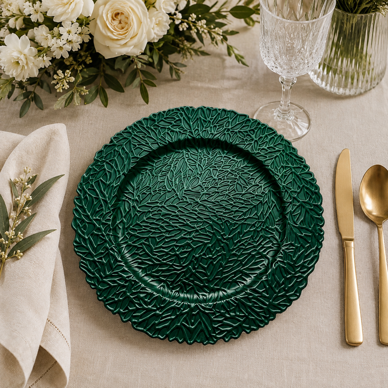 woju 13inch metallic red pp plastic charger plates round decorative underplates with fullsurface embossed leafvine texture  scalloped edge for wedding banquet hotel table setting-4