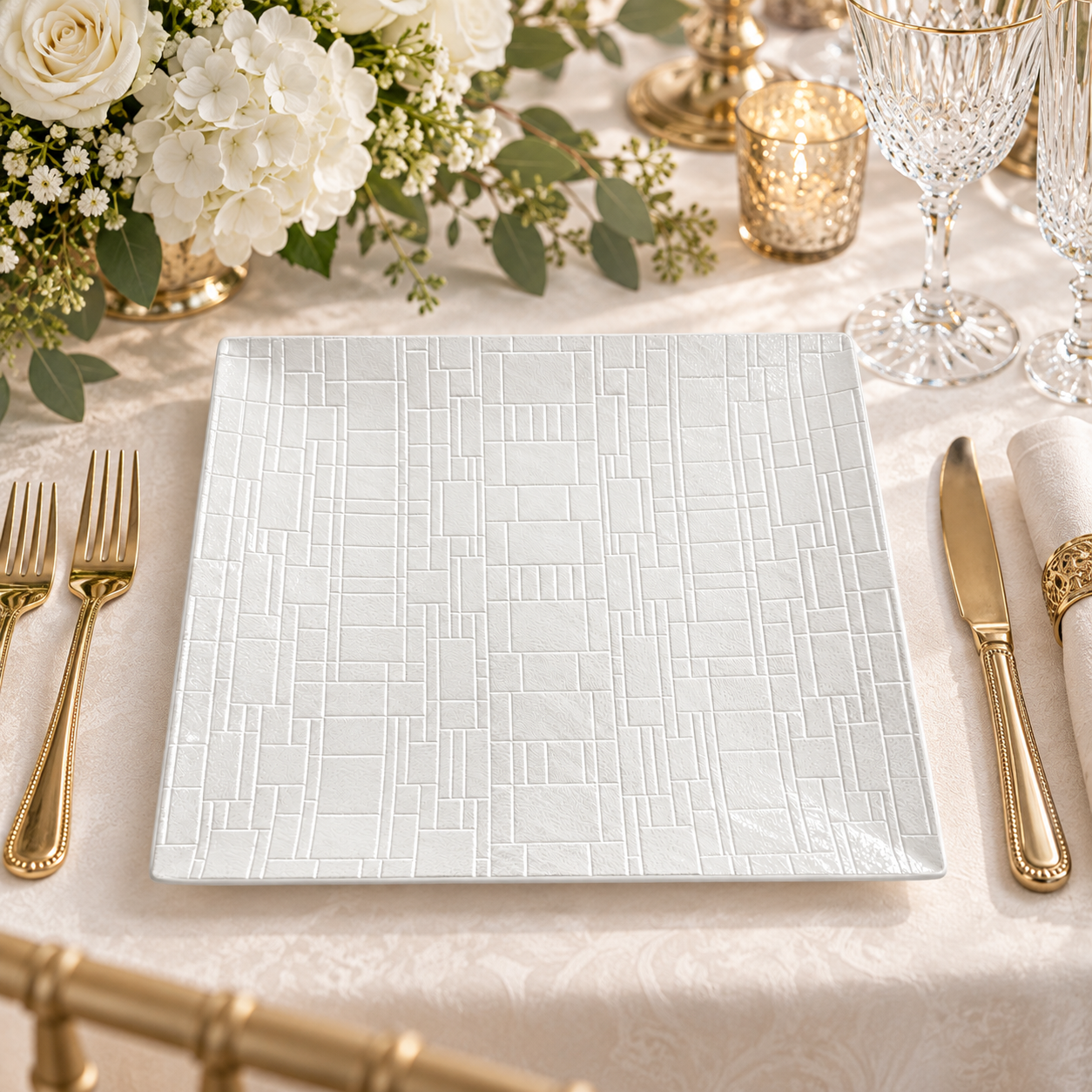 wojia 13in modern geometric textured charger plates powder coated silver square plate for wedding reception catering table decor-2