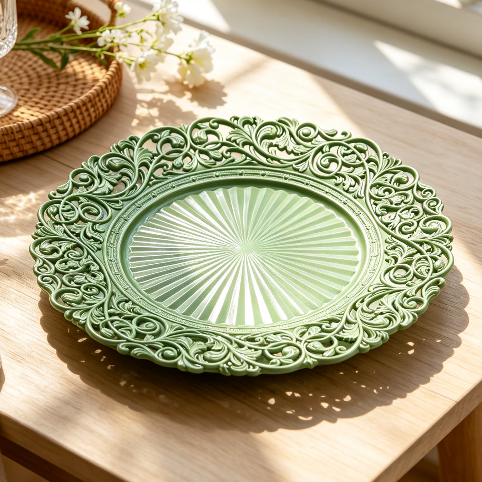 woju 13inch matte sage green pp plastic charger plates round decorative underplates with hollowout scroll floral lace rim  sunburst embossed center for wedding banquet hotel table setting-2