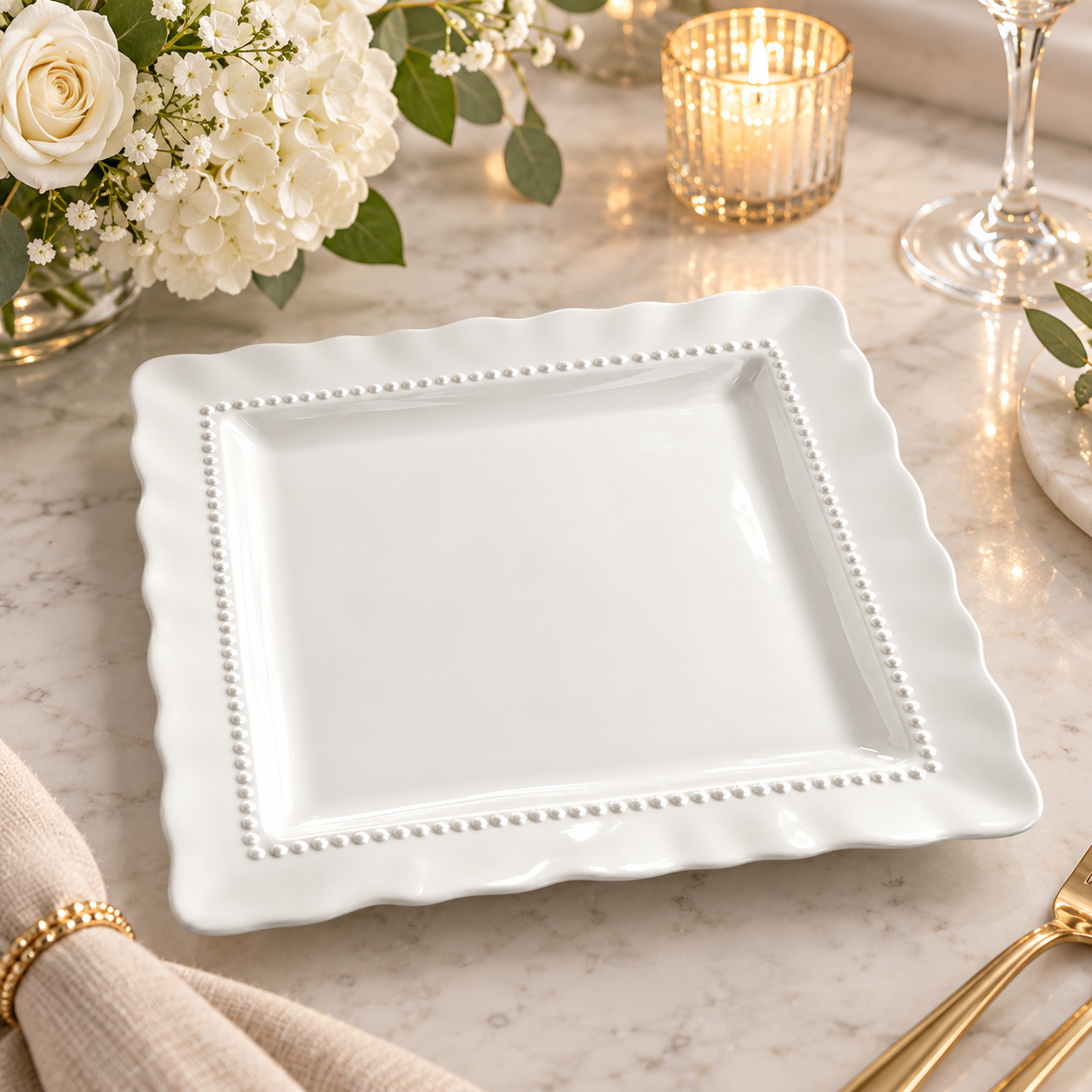 wojia 13in red powder coated square charger plate luxury scalloped beaded rim plastic underplate wedding party table decor-2