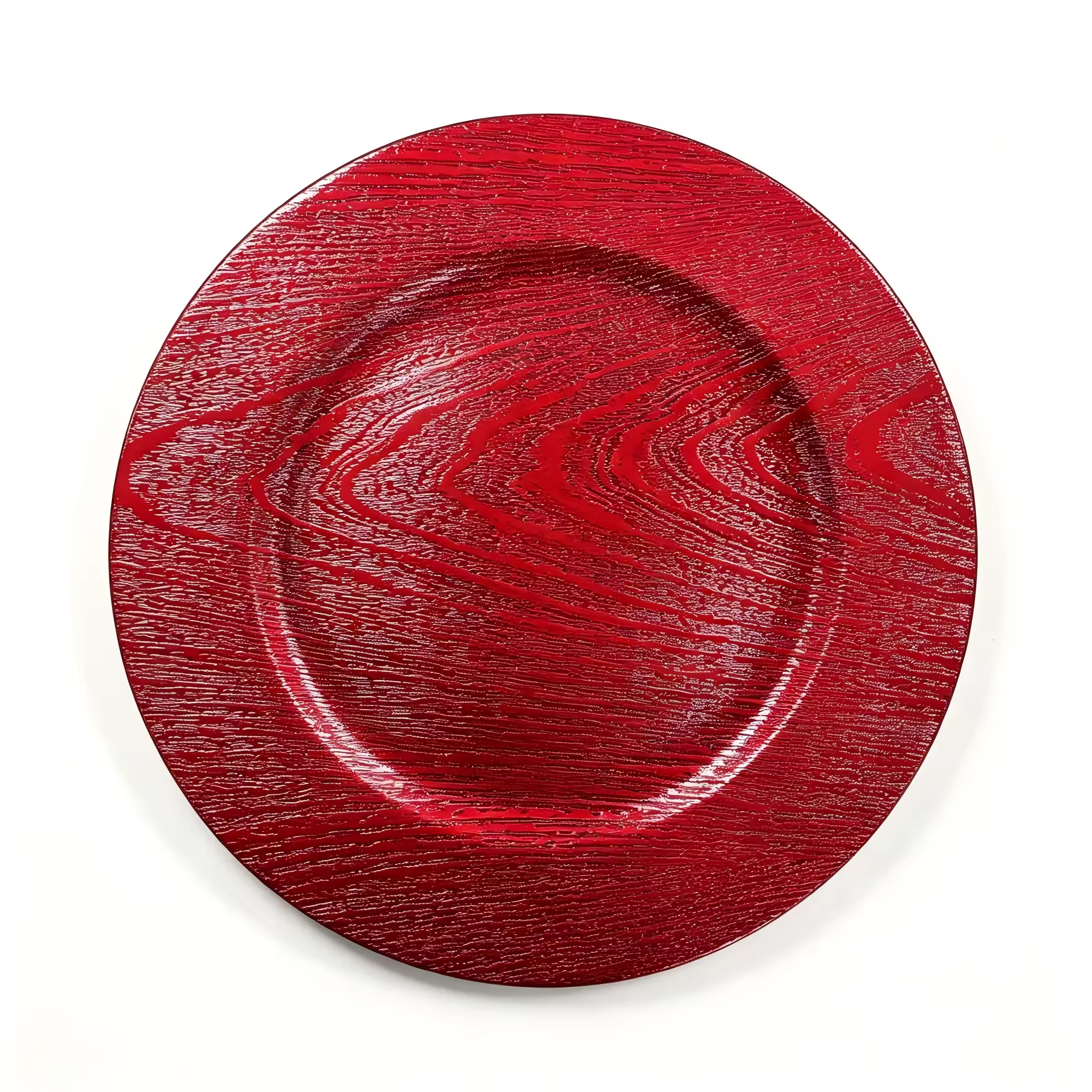 Woju 13 Inch Gold Plastic Charger Plates, Powder‑Coated Embossed Wood Grain Textured Decorative Under‑Plates for Wedding Banquet Hotel Event Table Setting