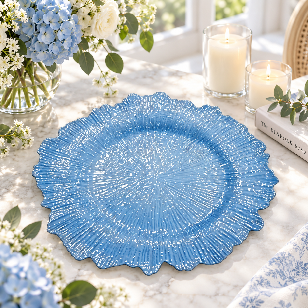 woju 13 inch light blue plastic charger plates powdercoated coralstyle radiant ripple textured decorative plates with irregular wavy edge for wedding banquet hotel table setting-4