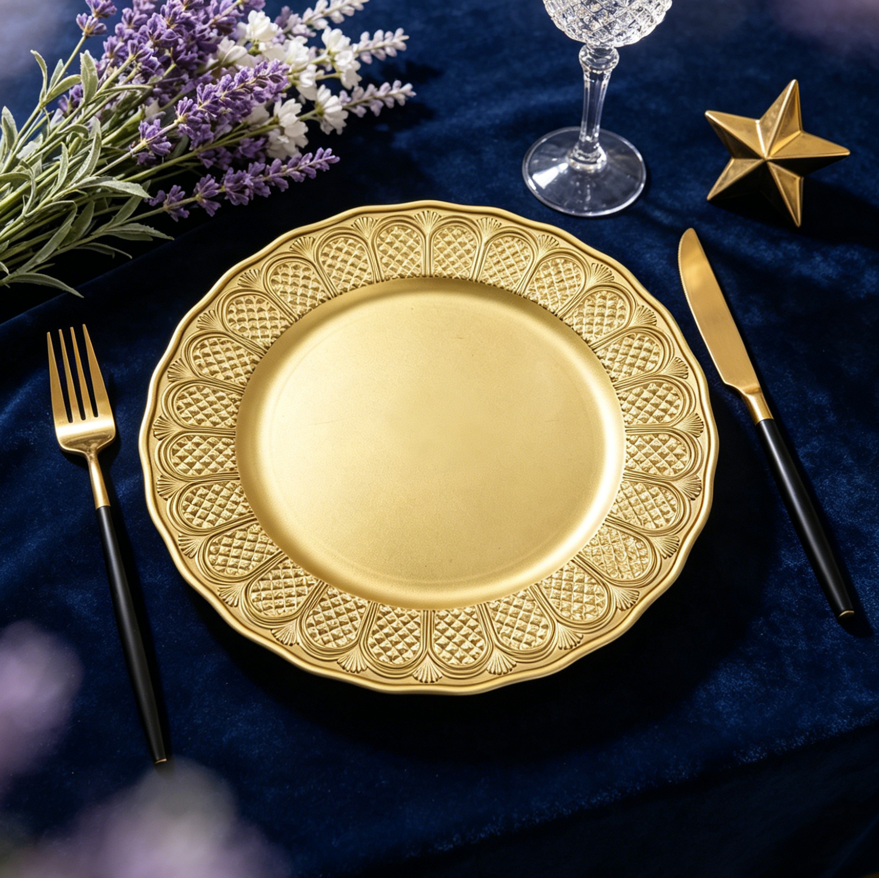 custom gold openwork rim charger plates for luxury wedding planner and high end party supplies-1