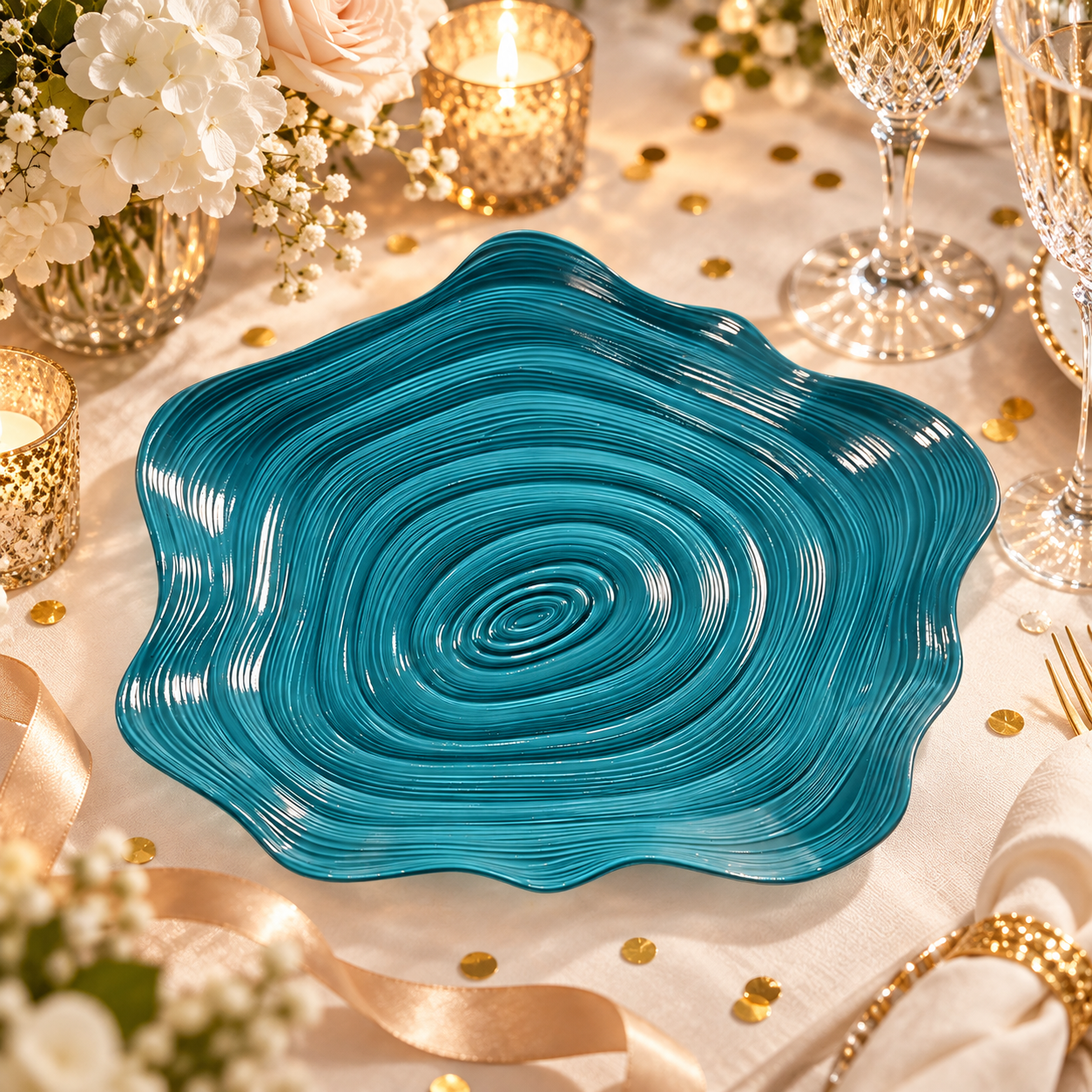 woju 13inch teal pp plastic charger plates glossy irregular wavy edge decorative underplates with swirl concentricripple texture for wedding banquet hotel table setting-2